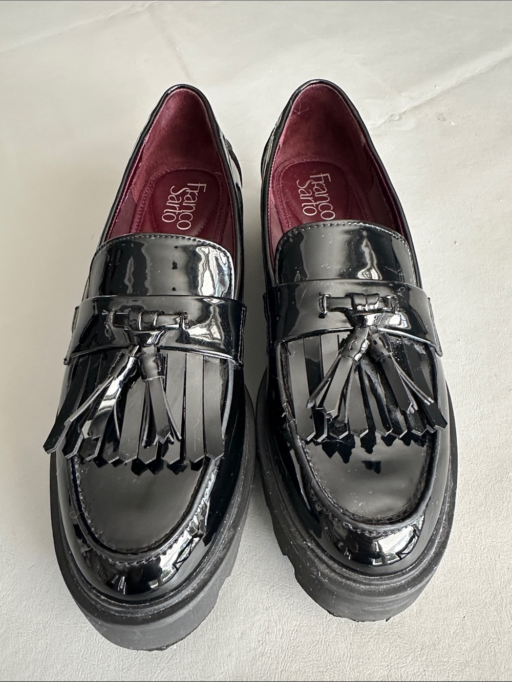 Franco Sarto Black Patent Tassel Kiltie Loafers